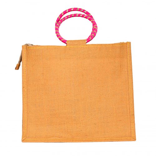 Orange Jute Bag With Pink Round Handles Buy Now